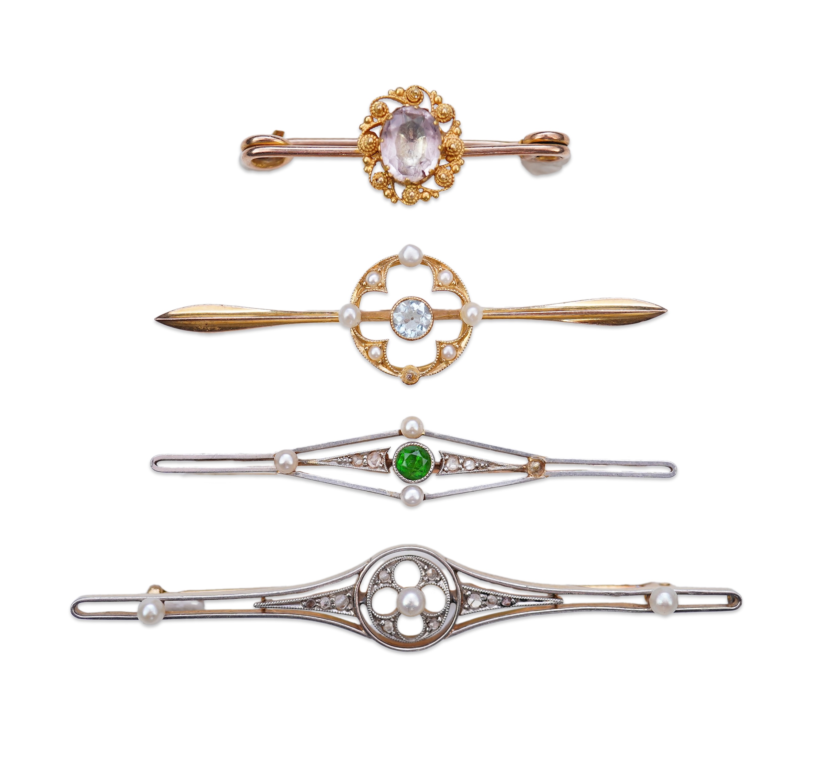Four gold and gem-set bar brooches, early 20th century